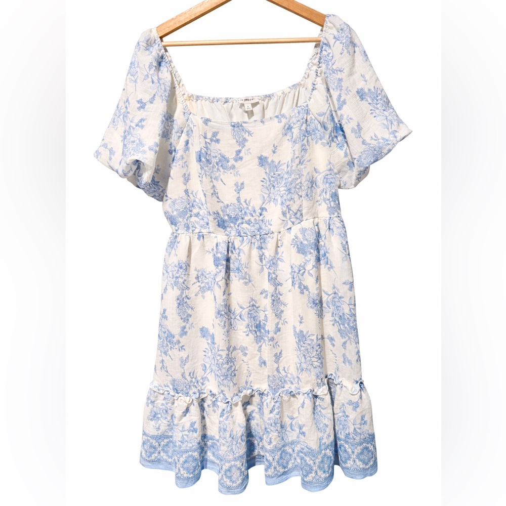 Blu Pepper Blue & White Floral Babydoll Dress Cottagecore Puff Sleeve Small